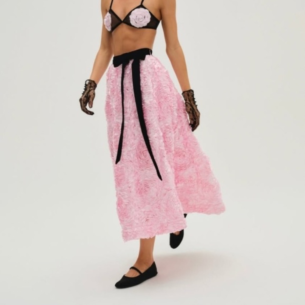 For Love And Lemons Pink Roses midi Skirt with Black Bow